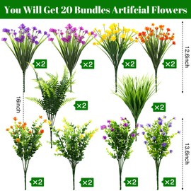 20 Bundles Artificial Flowers for Outdoors UV Resistant Fake Flowers Realistic Faux Flowers Artificial Plants Outdoor for Spring Summer Indoor Garden Patio Window Box Kitchen Home Decor