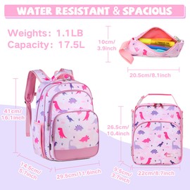 VASCHY Girls Backpack, School Bag Set for Kids Children's Rucksack with Reflective Chest Strap Backpack for School with Insulated Lunch Bag & Pencil Case Set for Elementary School (Pink Dinosaur)