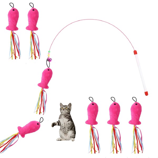 Cat Toy, Cat Toy, 33.5 inches (85 cm), Elastic Fishing Rod, Cat Toy, 6 Replacement Fishes, Cat Toy, Stress Relief, Lack of Exercise, Pet Supplies (Set of 7)