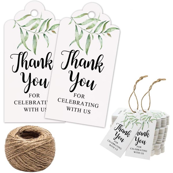 Thank You for Celebrating with Us Tags, 100Pcs Greenery Gift Tags, Thank You Tags for Baby Shower, Birthday, Wedding, Bridal Shower, Gift Tags with 100 Feet Natural Jute Twine.