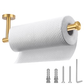 Brushed Gold Paper Towel Holder,Under Kitchen Cabinet Towel Paper Rack,Wall Mounted Round SUS304 Stainless Steel Dispenser for Bathroom Kitchen Tissue Towel Roll,11.8 inch…