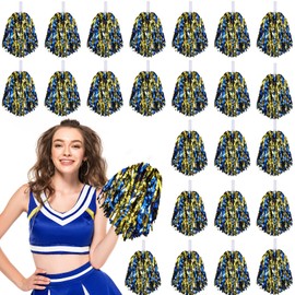 24 Pcs Pom Poms Cheerleading Cheerleader Spirited Cheer Baton Handle Metallic Foil for Sports Team Party Dance Cheering(Blue, Gold)