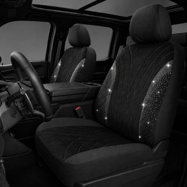 AUTOYOUTH Bling Diamond Car Seat Covers for Front Seats, 2PC Sparkly Rhinestone Crystal Seat Covers, Universal Fit Car Seat Protectors for Cars SUVs Trucks, Black Interior Accessories for Women Girls