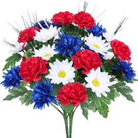 Minnhua 17.3" 13 Heads Artificial Flower Patriotic Memorial Bouquet Red White and Blue flowers with Mums Hydrangea Daisy 4th of July Flowers for Cemetery Table Centerpiece Memorial Day Home Decor 2Pcs