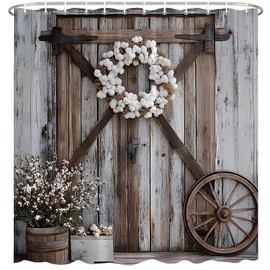 Rustic Barn Door Shower Curtain Farmhouse Country Western Cabin Vintage Antique Brown Wooden Plank Board Countryside Village Unique Retro Flower Bath Decor Polyester Fabric Curtains 70X70 Inch