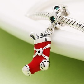 ABUN Christmas Stocking,Snowman,Santa Claus Charms 925 Sterling Silver Xmas Crystal Charms for Bracelet (Green)