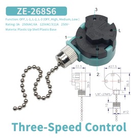 HUAXRUI Ceiling Fan Pull Chain Switch ZING Ear ZE-268S6, Ceiling Fan Off-Low-MED-HIGH 3 Speed 4 Wire Pull Chain Switch, Easy to Install (1PCS, Nickel)