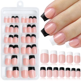 LuckForever 120pc French Tips Press on Nails Short Square, Black White Tips Short Press on Nails French Square Fake Nails Full Cover Glue on Nails Press ons Acrylic Nail Fingernail with Adhesive Tabs