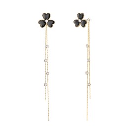 EleQueen Gold-Tone Black Enamel Lucky Shamrock Earrings for Women, Crystal Drop Long Tassel Chain Clover Stud Dangle Earrings Jewelry Gift for St Patricks Day