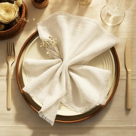 Vargottam Solid Cotton Muslin Napkins with Fringed Edges – 12 Pack | Reusable 20"x20" Table Linen with Subtle Check Texture | Soft Dining Napkins for Formal Dinners, Events and Everyday Use - White