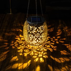 Mizmakp Hanging Solar Lanterns Outdoor, Upgraded Solar Lights Garden, IP65 Waterproof Metal Solar Lanterns with Pattern, Solar Garden Lights Decoration for Yard Patio Porch Pathway Table Fence,1Pack