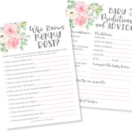 Juegos florales para baby shower para niñas – 2 juegos de doble cara, 25 Who Knows Mommy Best Baby Shower Game To Play, 25 tarjetas de predicción y consejo de bebé, tarjetas de consejos de baby shower, ideas para baby shower