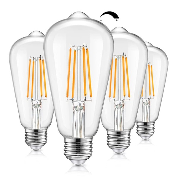 Vintage LED Dimmable Edison Light Bulbs 100W Incandescent Equivalent, 8W 1200Lumens, E26 Base LED Filament Bulb, 2700K Warm White, ST64/ST21 Antique Clear Glass for Home, Reading, Bathroom, 4-Pack