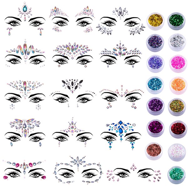 SIQUK 15 Sets Face Gems Glitter Mermaid Face Jewels Crystal Stickers with 15 Boxes Chunky Face Glitter for Festival Rave Carnival Party