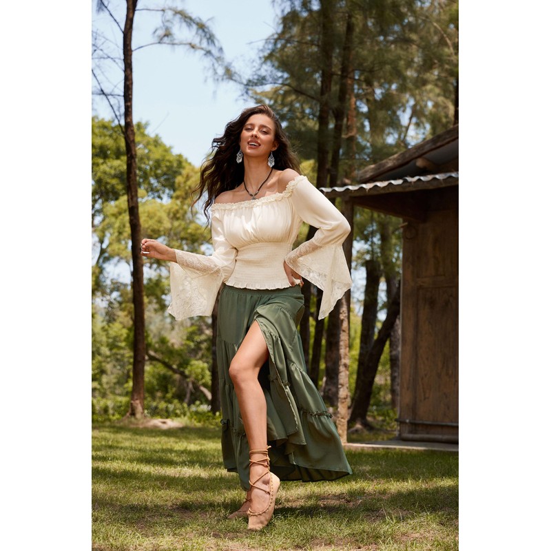 Renaissance Shirt for Women Off Shoulder Smocked Shirt Boho Lace