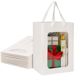 EUSOAR White Gift Bags with Handles, 20pcs 7"x5.12"x9.84" Tote Shopping Gift Bags with Transparent Window, Clear Bouquet Gift Bags With Handle for Gift Wrapping Festival Bridal Party Gifts