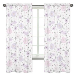 Sweet Jojo Designs Lavender Purple, Pink, Grey and White Window Treatment Panels Curtains for Watercolor Floral Collection - Set of 2 - Rose Flower