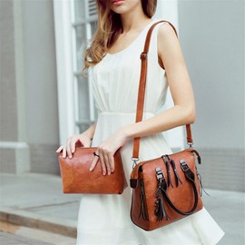 Himlaya Women Faux Leather Handbag, Ladies Large Shoulder Bags Fashion Messenger Bag for Shopping Work School Travel 4 Pcs Set Daily Zipper Backpack (4pcs,Vintage brown)