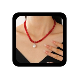 Xduargs Boho Pearl Necklace Vintage Strand Beaded Necklace Imitation Pearl Bead Choker Teardrop Collar Chain Jewelry for Women(Red)