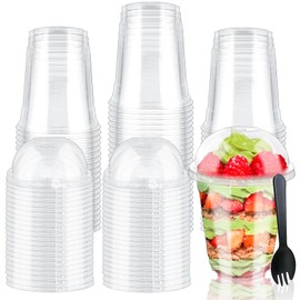 Szsrcywd 100pcs 12 Oz Plastic Cups with Dome Lids and Sporks,Clear Disposable Dessert Containers for Ice Cream,Fruit,Parfait,Pudding,Yogurt,Jelly,Hole in the Lid,50 Set