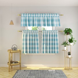 NATUS WEAVER 3 Pc Cotton Classic Country Farmhouse Kitchen Window Curtain - Sky Blue & White Buffalo Check Tier & Valance Set, 54" x 18" / 27" x 36"