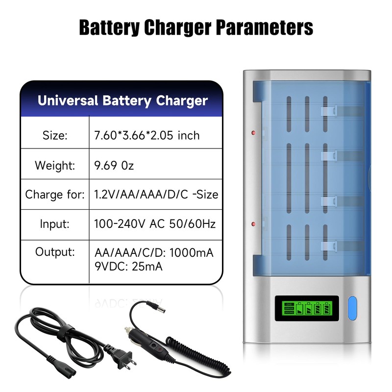 Battery Charger for C D AA AAA 9V Ni-MH Ni-CD