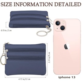 Small Coin Purse, Leather Wallet, Credit Card Purse with Three compartments, Zipper, Key Ring, Small Purse, Business Card, Mini Wallet for Women (AF-003), Blue