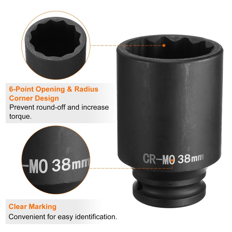 sourcing map 12-Point Deep Impact Socket 1/2 Inch Drive 38mm