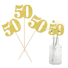ZHUOWEISM 12 piezas de centro de mesa con purpurina para 50 cumpleaños, número 50, decoración para tartas, decoración de flores para 50 cumpleaños, aniversario, fiesta, centro de mesa, suministros dorados
