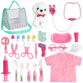 HOTUT Doctors Set for Kids,25pcs Children Pet Vet Care Play Set,Kids Doctorrole Play Toys with Plush Dog,Doctor Costume,Medical Bag ,Simulation Stethoscope for 3-6 Years Girls Boys(Pink)
