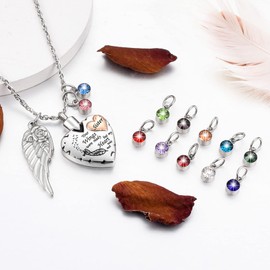 Dletay Heart Cremation Necklace for Ashes Cremation Jewelry with 12 Birthstones Urn Necklace for Ashes-Your Wings were Ready but My Heart was Not(Sister)