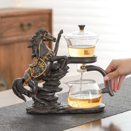 Glass Kungfu Teapot Set Tea maker with Infuser Semi Automatic Tea Set (Brown horse)