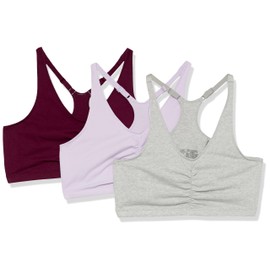 Fruit of the Loom Women's Adjustable Shirred Front Racerback Sports Bra Multi Packs, Lilac/Grey Heather/Purple Velvet, 36