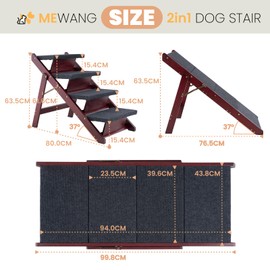 MEWANG Wooden Pet Stairs/Pet Steps - 3-in-1 Foldable Stairs & Ramp for Tall Beds and Cars - Portable Dog/Cat Ladder Up to 220 Pounds - for Small and Older Animals(Brown) (31.5" L x 17.2" W x 25.0" H)