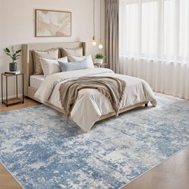 8x10 Washable Living Room Rug: Non-Slip Modern Abstract Area Rug for Bedroom Dining Room, Soft Low Pile Carpet Suitable for Families with Children, Blue/Grey