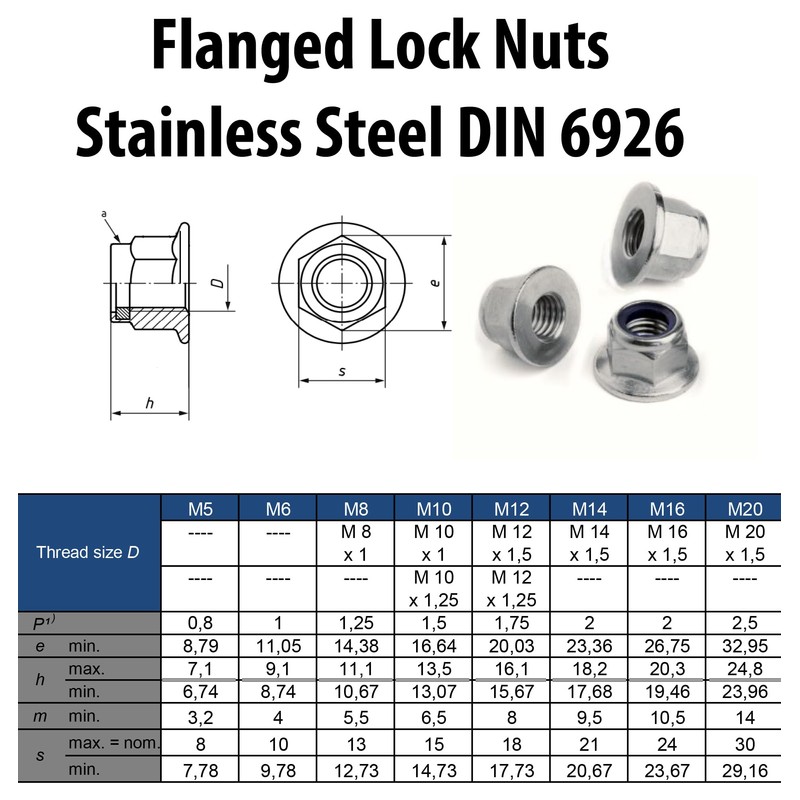 M10 Flange Nuts A2 Stainless Steel, Flanged Insert Nylon Locking