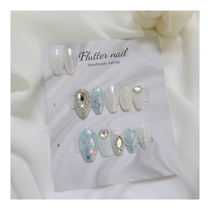Blue Glitter & Silver Stone Handmade Nail Tips - Long