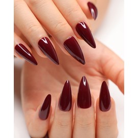 morily 24Pcs Wine Red Press on Nails Medium Length Stiletto False Nails Long Fake nails Glossy Acrylic Stick on Nails Solid Color Almond Full Cover Artificial Nails for Women (Wine Red)
