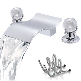Bathroom Sink Waterfall Faucet 3 Hole, Widespread 8-Inch Bathroom Faucets with Two Crystals Handles Basin Mixer Tap, Waterfall Vanity Faucet with Supply Hose,Chrome Tub Faucets