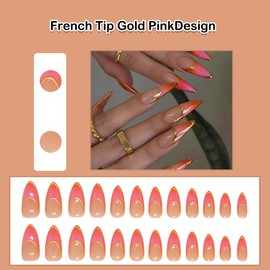 ANDGING French Tip Press on Nails Almond Gold Pink Medium Fake Nail with Designs Long fake on Nail for Women Stick on Nail for Wedding Gel Acrylic Manicure Full Cover Pressons Nail