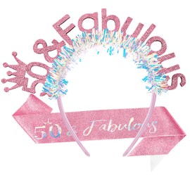 AOPRIE 50 & Fabulous Birthday Sash for Women Birthday Tiara & Crowns Headbands for Girls Happy Birthday Accessories Favor Supllies Pink, 2 Pack