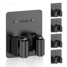 4 Pack Broom Holder Wall Mount,Heavy Duty Stainless Steel Broom Holder,Mop and Broom Holder,Mop Holder,Broom Hanger (4pack,no hooks, black)