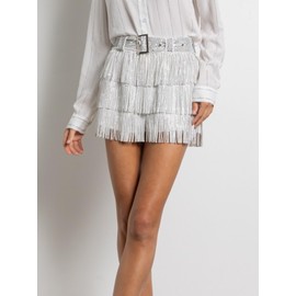 ChiyeeKiss Womens Sparkle Rhinestone Fringe Shorts Pants Elastic Band Skort Western Cowgirl Mini Skirt Built-in Short(0530-White-M)