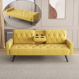 Eafurn 72.4" Tufted Futon Sofa Bed Velvet Convertible Sleeper Couch Bed with Adjustable Backrest and Folding Cup Holders, Modern Yellow Futon Loveseat Daybed Sofabed for Living Room, Bedroom