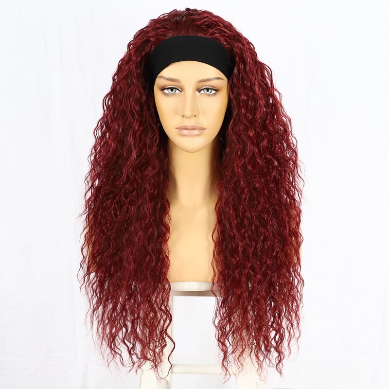 Sapphirewigs Curly Headband Wig Long Red Synthetic Wig Loose Water