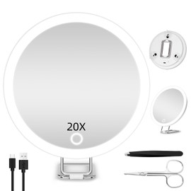 20X Magnifying Mirror with Lights, 6'' Makeup Magnified Mirror 20X High Magnification Mirror, Handheld Makeup Magnifying Mirror with Suction Cup & Stand, 20X LED Travel Magnifying Mirror for Women/Men