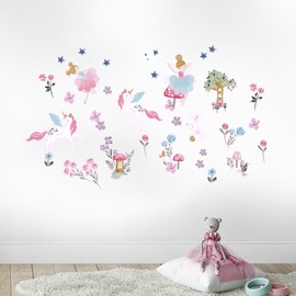 Happy Linen Company Kids Enchanted Forest Unicorn Pink 42 Peel and Stick Wall Stickers Bedroom Decor Decal