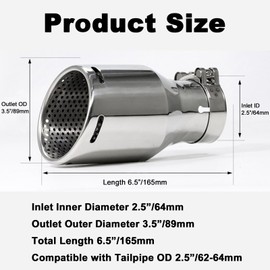 Vechkom 2.5" Exhaust Tip 2.5" Inlet 3.5" Outlet 6.5" Length Chrome Muffler Tail Pipe Tip with Drain Holes Universal Fit for Car Truck Diesel Clamp-On Stainless Steel Polished Silver
