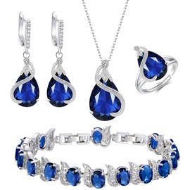 EVER FAITH Wedding Bridal Jewelry Set for Bride Bridesmaid, Sapphire Birthstone Cubic Zirconia Pendant Necklace Earrings Tennis Bracelet Ring Set for Valentine's Day/Mother's Day Blue Silver-Tone