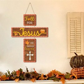 TOARTi 3Pcs Fall for Jesus He Never Leaves Wood Sign Autumn Religious Wall Hanging Pumpkin Cross Wall Sign Vintage Maple Leaf Door Hanging Christian Jesus Door Hanger for Church Outdoor Porch Decor
